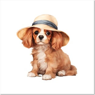 Watercolor Cavalier King Charles Spaniel Dog in Straw Hat Posters and Art